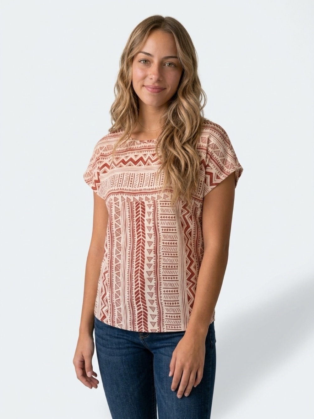 Emery Rose Women's L Red Geometric Batwing Sleeve Blouse Casual Top